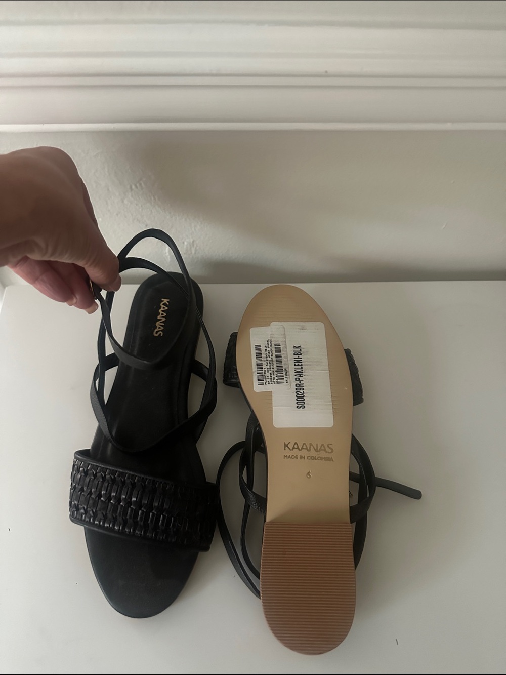 NEW - Kaanas Black Woven-Strap Women's Sandals with Slim Ankle Ties - Sz. 6